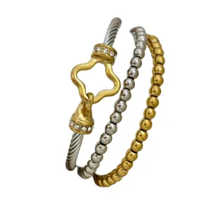 Elegant clover twisted cable bangle and bead bracelet set in gold and silver finish