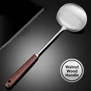Walnut Wood Handle Stainless Steel Mushroom Spatula Kitchen Cooking Utensil Heat Resistant Frying Shovel