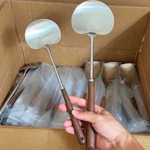 Stainless steel spatula with walnut wood handle, long kitchen cooking tool for home wok.