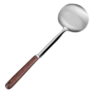 Stainless steel cooking spatula with wood handle for kitchen stir-fry main image view.