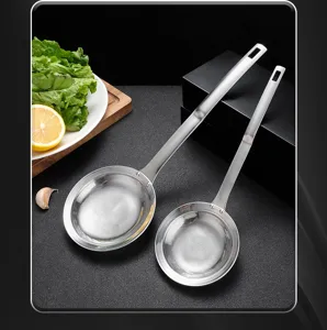 Stainless steel skimmer spoon detail, ultra-dense mesh kitchen oil and foam filter tool.