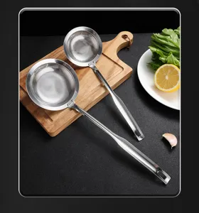 Stainless steel kitchen skimmer spoon detail view, mesh strainer for food filtering.