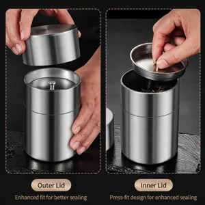Stainless steel tea canister with double lid sealing design for food storage dry goods.