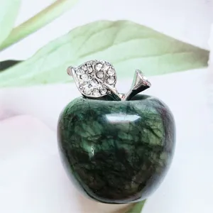 Natural crystal jade apple ornament with rhinestone leaf home decor gift peace fruit