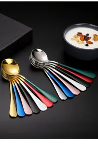 Cuillère ronde en acier inoxydable avec manche coloré cuillère à dessert mignonne pour cuisine