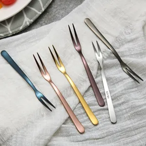 Stainless steel fruit forks set, two-prong pastry dessert forks, elegant tableware.