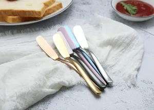 Stainless steel butter knife detail shot, colorful spreader set for kitchen and dining use.