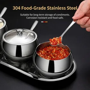304 stainless steel seasoning jar set with spoons and tray for organized kitchen storage