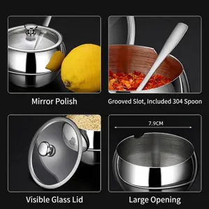 Detailed view of 304 stainless steel seasoning jar with mirror finish and glass lid