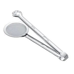 Stainless steel kitchen tongs and oil strainer 2-in-1 food filter clip for cooking.