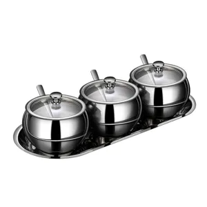 3-piece 304 stainless steel condiment jar set with glass lids, spoons and serving tray