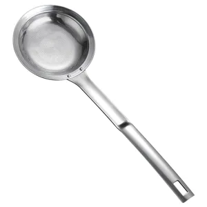 Stainless steel kitchen skimmer spoon with fine mesh filter for oil and foam straining.