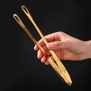 Gold stainless steel Korean BBQ food tong, lengthened buffet steak clip for home kitchen.