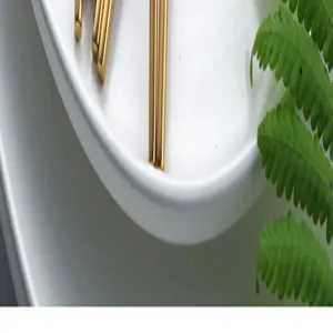 Close-up detail of modern gold stainless steel chopsticks on white ceramic plate with green fern leaf.