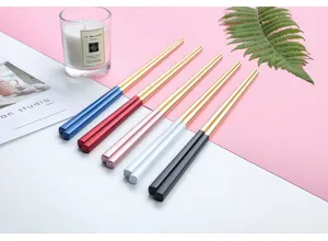 Stainless steel chopsticks set colorful metal chopsticks with gold top kitchen tableware