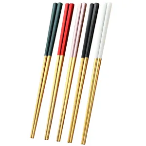 Stainless steel chopsticks set, multi-color household square chopstick with gold tip.