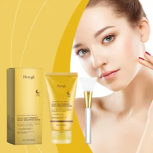 Mascarilla nocturna Hoygi de cúrcuma y colágeno con pincel aplicador y vista de modelo