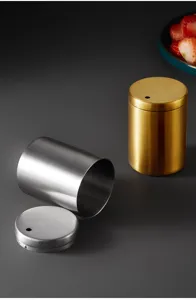 Stainless steel toothpick holder container with lid, Nordic style metal jar for home kitchen use.