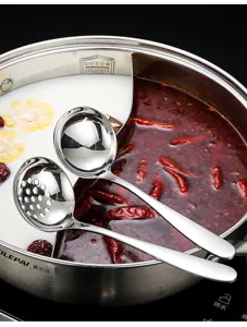 Stainless steel soup and slotted spoon set with long handle for kitchen hot pot cooking.