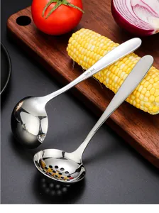 Stainless steel soup spoon and slotted spoon set, long handle mirror polished kitchen utensil.