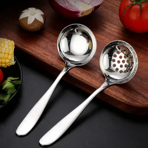 Stainless steel soup spoon and colander set, mirror polished long handle kitchen spoons.