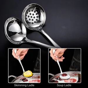 Stainless steel soup ladle and slotted spoon set, mirror polished long handle kitchen tool.