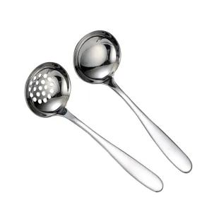 Stainless steel soup ladle and slotted spoon set, polished long handle kitchen spoons.