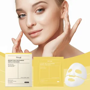 Close-up detail of HOYGI facial mask packaging, showing skincare sheet mask and ingredients.