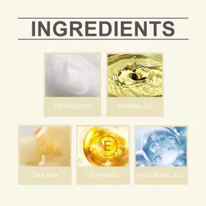 Lip care set ingredients detail image featuring petrolatum, mineral oil, and nourishing vitamin E.