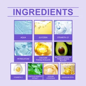 Graphique détaillé des ingrédients de la crème dépilatoire faciale aux agents hydratants.