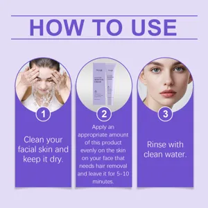 Infographie détaillée de la crème dépilatoire faciale montrant les étapes de soin.