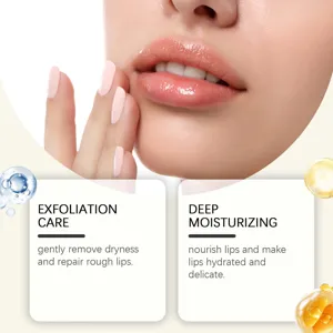 Close-up shot of lips showing exfoliating and deep moisturizing care results for soft skin.