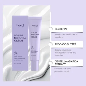 Crème dépilatoire faciale HOYGI, soin doux à la glycérine et avocat pour une peau lisse.