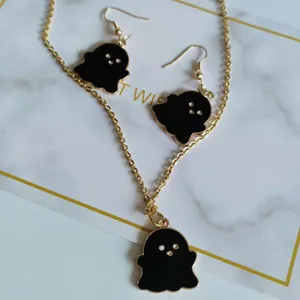 Cute Halloween black ghost enamel necklace and earring jewelry set with gold finish
