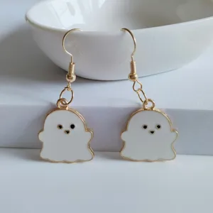 Adorable white enamel Halloween ghost dangle earrings with minimalist gold metal finish