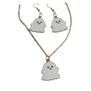 Adorable Halloween cartoon ghost jewelry set featuring necklace and matching drop earrings