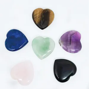 Natural crystal heart pocket stones, 25mm mixed gemstone palm hearts for healing decor.