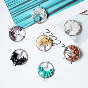 Natural crystal chip wire wrapped tree of life pendant colorful gemstone wishing charms.