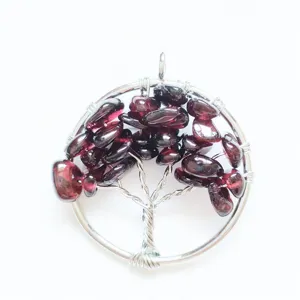 Close-up view of handmade wire-wrapped crystal tree of life pendant detail craftsmanship.