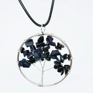 Blue sandstone chip tree of life wire wrapped pendant necklace for wish and fortune.