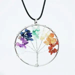 Close-up detail of the wire-wrapped crystal tree of life pendant with colorful gemstone chips.
