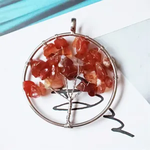 Natural Red Agate Gemstone Crystal Chip Tree of Life Wire Wrapped Pendant Necklace