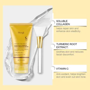 Vista detallada de la mascarilla nocturna Hoygi de cúrcuma con pincel e ingredientes