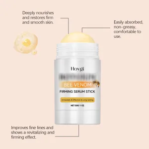 Close-up detail of firming serum stick texture and smooth packaging design features.