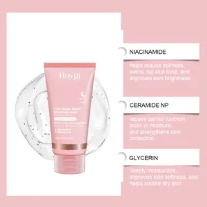 Masque de nuit enveloppant au collagène HOYGI, détail avec ingrédients clés comme la niacinamide.