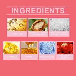 Vue détaillée des ingrédients de l'huile à lèvres hydratante à la fraise aux extraits naturels.