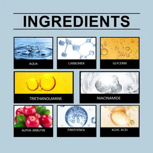 Ingredient list display for brightening facial gel including Niacinamide and Alpha-Arbutin.