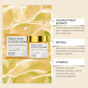 Toma detallada del tarro de mascarilla facial en gel antiarrugas OUHOE con fondo de gel natural.