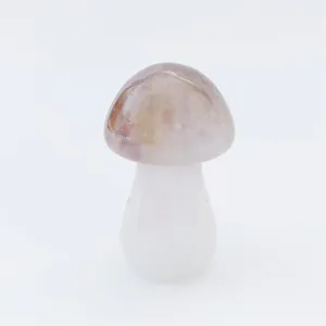 Detailed close-up of a natural crystal agate mushroom carved ornament, smooth polished gemstone.