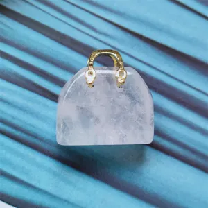 Natural pink crystal mini handbag pendant charm, cute gemstone purse jewelry accessory for necklace.
